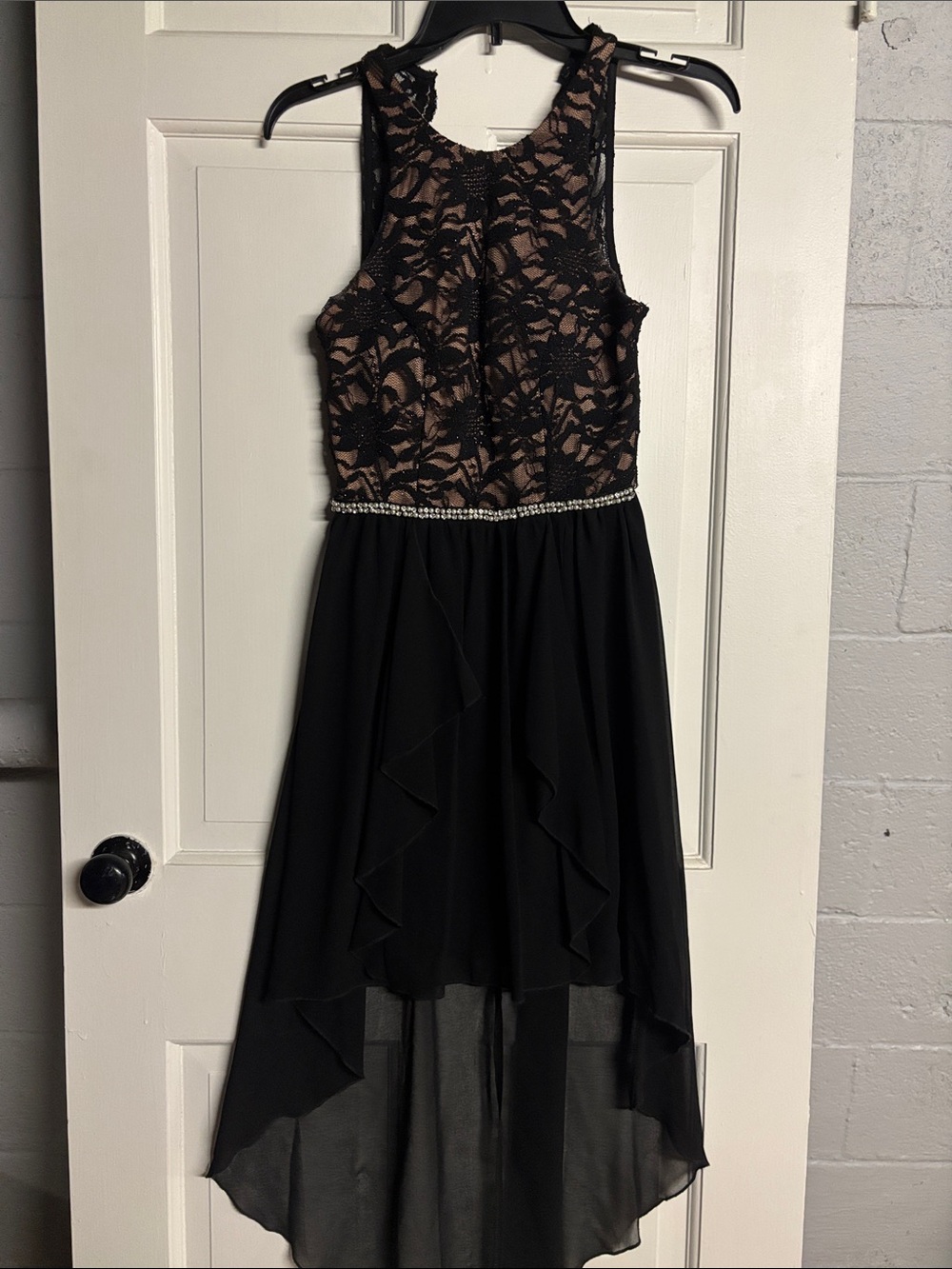 City Studio Black Lace High-Low Dress with Rhinestone Waistband